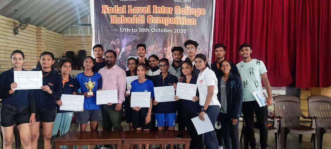 CDGI Girls Kabaddi Team holding the trophy at the RGPV Nodal Level Kabaddi Competition.
