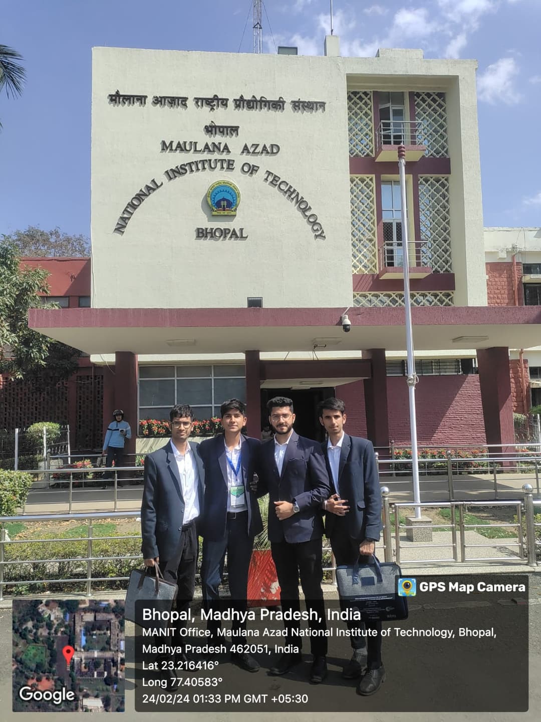 B.Tech first year paper presenters standing outside MANIT Bhopal for the ICSEE 2024 conference.