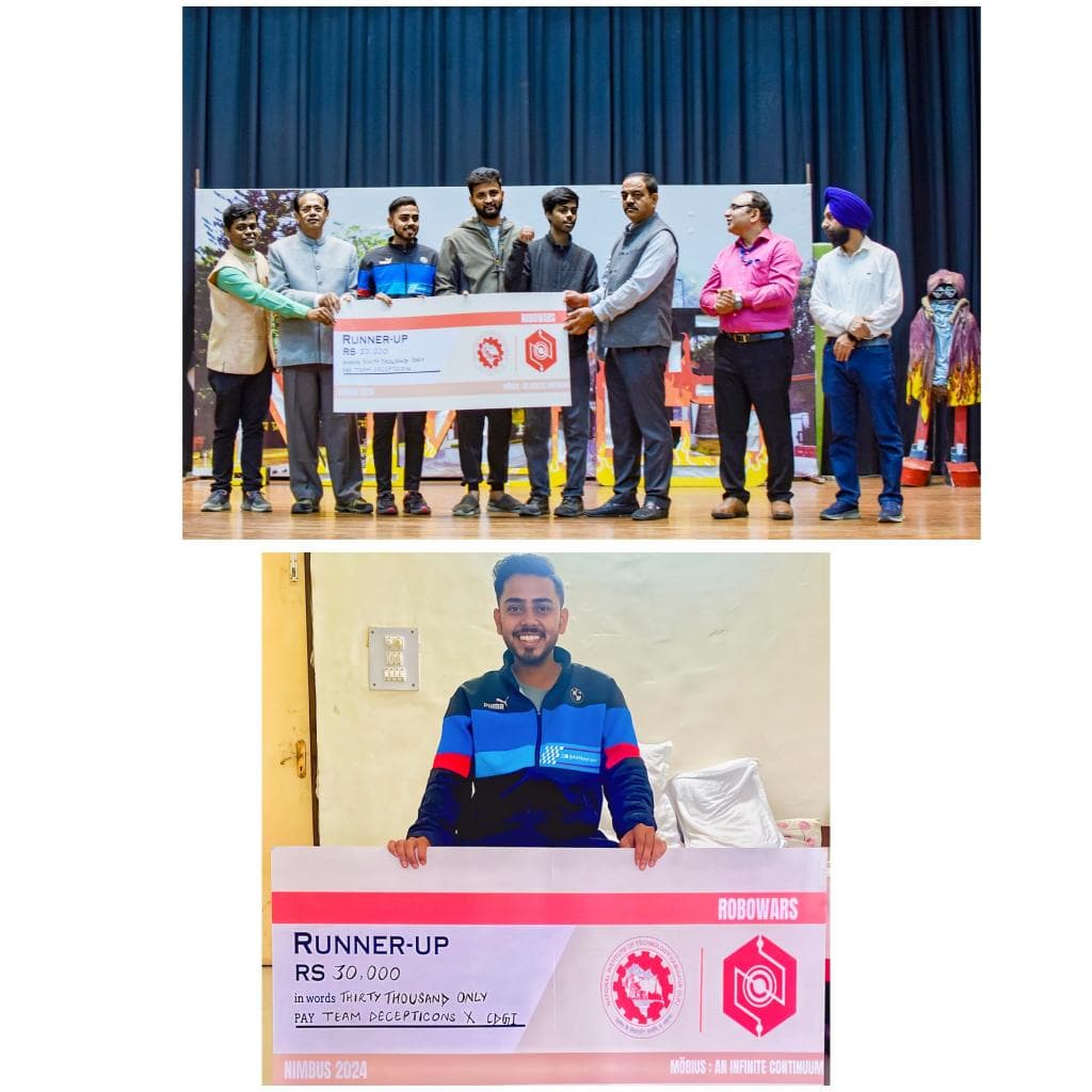 Kritarth Dwivedi receiving the ₹30,000 Runner-up ROBOWARS prize at NIT Hamirpur.
