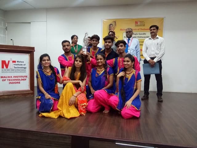 CDGI Cultural Group celebrating their win on stage at Malwa Institute of Technology, Indore.