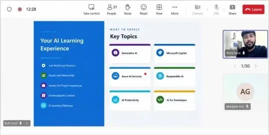 'Your AI Learning Experience' slide covering key topics like Generative AI, Microsoft Copilot, and Responsible AI