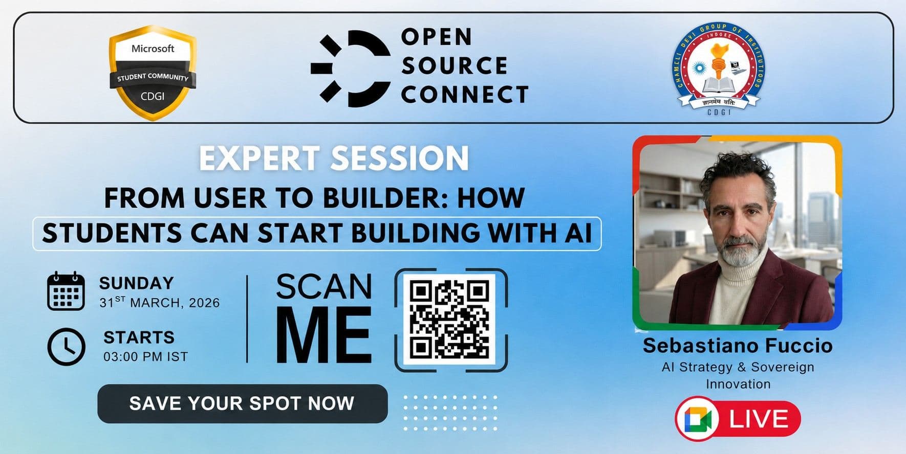 Presentation slide titled 'From User to Builder: How Students Can Start Building with AI' with Sebastiano Fuccio presenting on a call