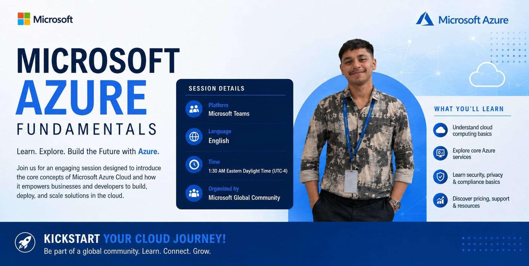 Microsoft Student Ambassadors 'Azure Fundamentals' title slide presented by Abhijeet Goswami