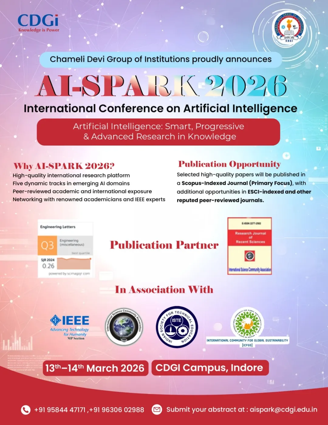Chameli Devi Group of Institutions proudly announces AI-SPARK 2026 International Conference on Artificial Intelligence Artificial Intelligence: Smart, Progressive & Advanced Research in Knowledge