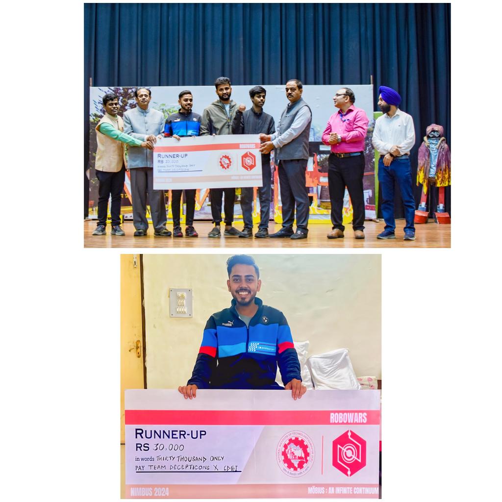 Kritarth Dwivedi receiving the ₹30,000 Runner-up ROBOWARS prize at NIT Hamirpur.